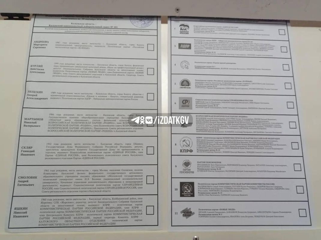Так выглядят бюллетени для голосования в Калужской области