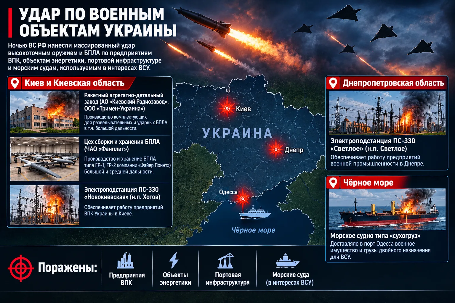 Сегодня ночью ВС РФ нанесли массированный удар высокоточным оружием и БПЛА по объектам военно-промышленного комплекса и энергетики Украины, а также портовой инфраструктуре и морскому судну